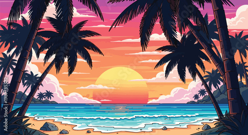 Pixel Art Tropical Beach Sunset with Palm Trees and Ocean Waves