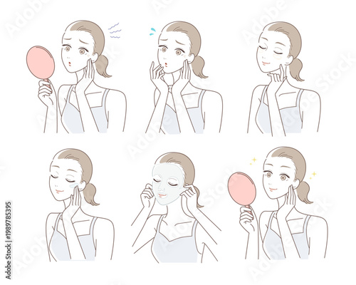 目元のシワに悩む女性のスキンケアステップセット（エイジングケア・保湿・改善イメージ）