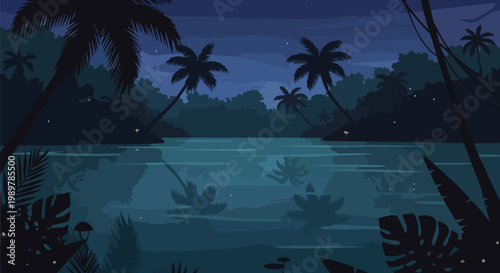 Mysterious jungle river at night with palm trees and dark foliage
