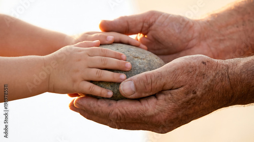 A close-up of an elderly person's hands holding a small rock with a child's hands on top of theirs, symbolizing love and connection.