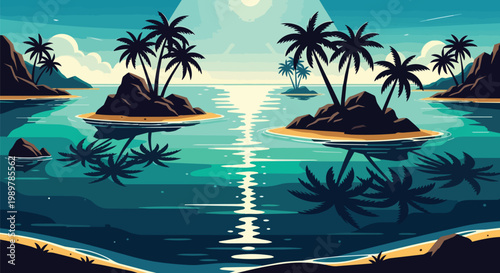 Pixel Art Tropical Island Paradise with Palm Trees and Ocean Reflections