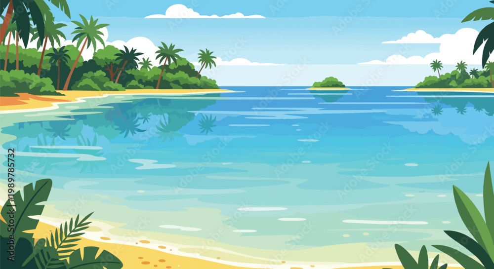 Obraz premium Tropical Beach Paradise: Turquoise Ocean, Palm Trees, Sandy Shore, Sunny Day