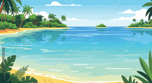 Tropical Beach Paradise: Turquoise Ocean, Palm Trees, Sandy Shore, Sunny Day