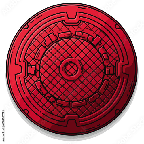 Red Round Industrial Manhole Cover Flat Vector Template