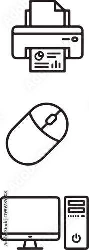 Minimalist Computer Hardware Icons Desktop PC, Mouse, and Printer Tech Set