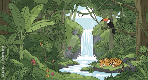 Pixel Art Jungle Scene with Toucan, Leopard, Waterfall, and Butterflies