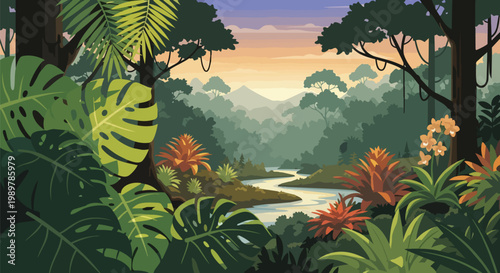 Pixel Art Jungle River Landscape at Sunset