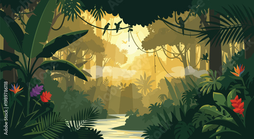Lush Tropical Rainforest Jungle Scene with River and Exotic Birds at Sunrise