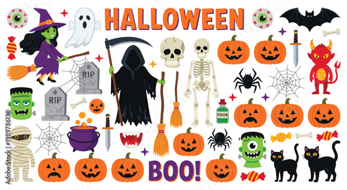 Scary halloween celebration design set. collection of spooky pumpkins, ghosts, skeletons, witches, and other elements, perfect for halloween party invitations and decorations.
