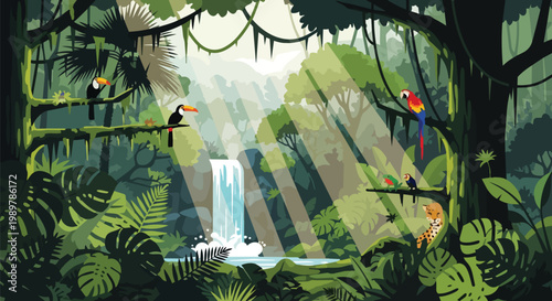 Vibrant Rainforest Waterfall Scene with Toucans, Parrots, and Leopard