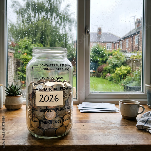 Glass jar filled with coins labeled 2026 showing savings goal milestones, financial progress, emergency fund reserve, budget planning, and long-term personal finance strategy concept.