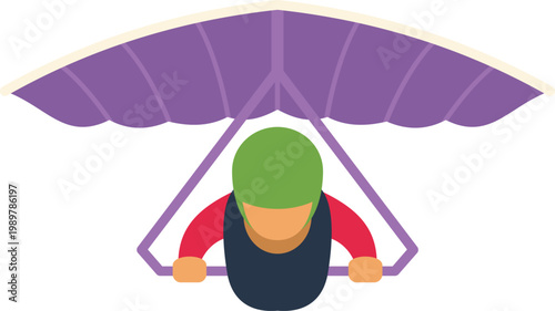 Person enjoying hang gliding flight with purple wing and green helmet viewed from above
