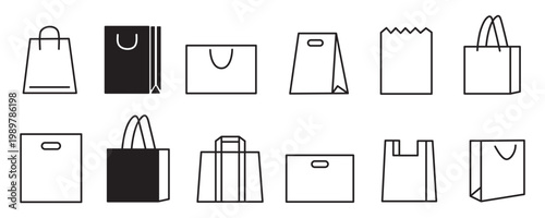 Paper and plastic shopping bag vector line icons for retail and e-commerce