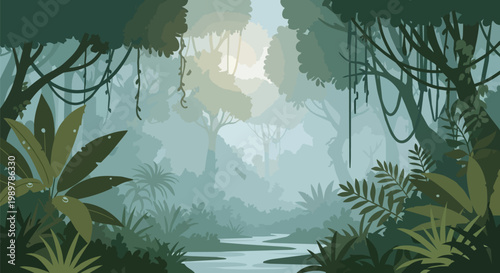 Misty Jungle Landscape with River and Lush Greenery