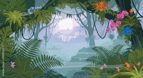 Lush jungle landscape with tropical flowers, vines, and misty forest background