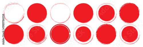 Grunge Brush Circle Stamp Set, Hand Drawn Round Paint Shapes and Rough Ink Textures, Abstract Vector Design Elements on White Background. Red brush circle set. Grunge red ink blobs. Round sun watercol