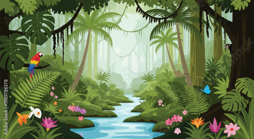 Vibrant Amazon Rainforest with Parrot, River, and Exotic Flowers