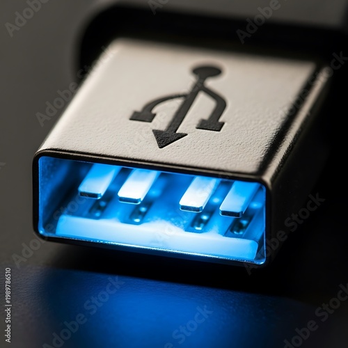 Metal connector port illuminates with bright blue internal light in close up