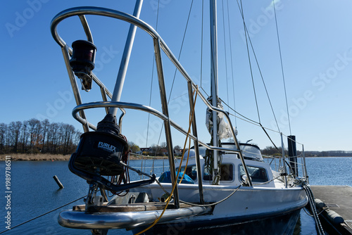 Germany, Mecklenburg Vorpommern, Rerik, April 8, 2026: Sailboat bow with furler moored in Rerik harbor