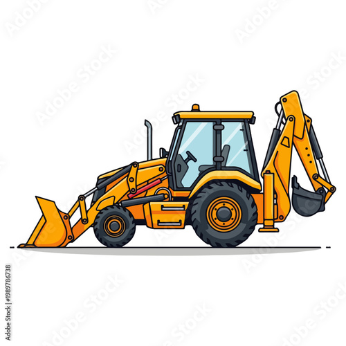 Yellow Backhoe Loader Construction Vehicle Flat Vector Illustration