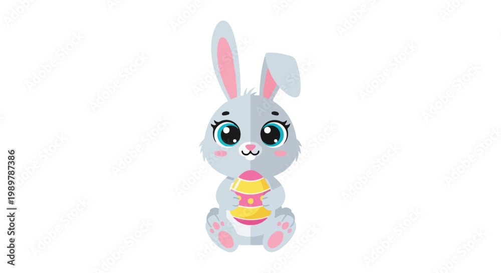 Obraz premium Cute cartoon bunny holding colorful Easter egg on white background
