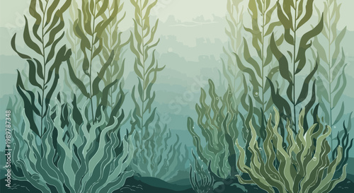 Underwater kelp forest with tall green fronds and hazy blue background
