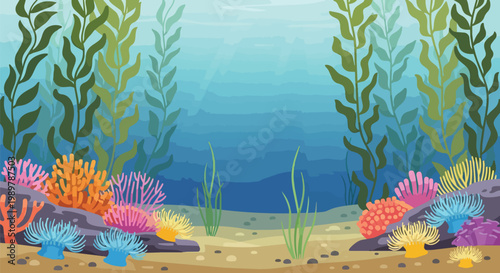 Vibrant underwater scene with colorful coral reefs, anemones, and kelp forests