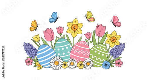 Colorful Easter eggs surrounded by spring flowers and butterflies on white background