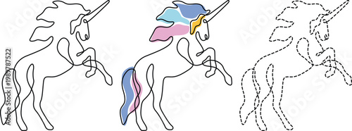 Evolution of a mythical unicorn illustration from sketch to color and back to outline Vector