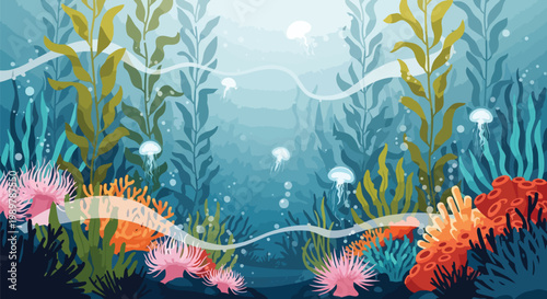 Vibrant Underwater Scene with Kelp Forests, Coral Reefs, and Jellyfish