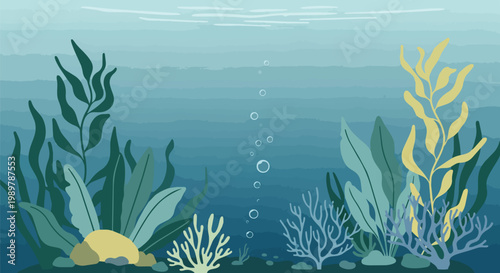 Underwater Scene with Seaweed, Coral, and Bubbles
