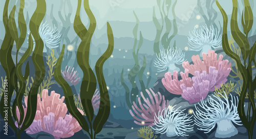 Underwater coral reef with seaweed and anemones, vibrant ocean life