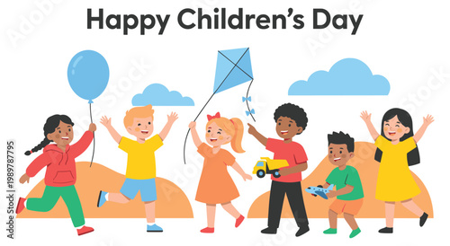 Multicultural group of kids running and playing with toys and kite. Flat vector scene showing happy boys and girls enjoying freedom. Blue sky with clouds and bright sun background illustration.