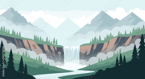 Majestic Waterfall in a Lush Mountain Valley Landscape