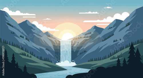 Serene Mountain Waterfall at Sunrise: Pixel Art Landscape
