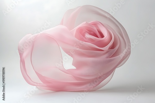 Quartz rose fabric mid-air in a spiral twist, cleanly isolated on a transparent studio surface 