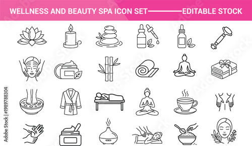 Line set for wellness, beauty, and spa treatments, including massage, yoga, and skincare