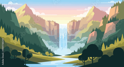 Majestic Waterfall in a Lush Mountain Valley at Sunrise