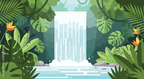 Vibrant Jungle Waterfall with Lush Greenery and Tropical Flowers