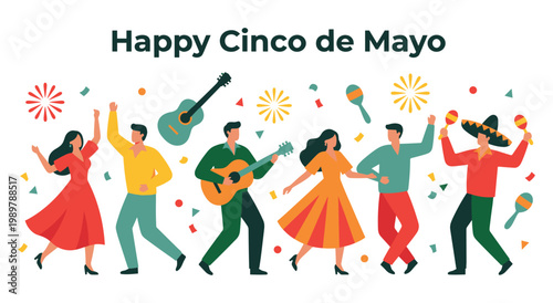 Mexican celebration illustration featuring people in traditional colors dancing and playing guitar. Vibrant party scene for cinco de mayo holiday with maracas and fireworks decoration background.
