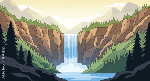 Majestic Waterfall Cascading Down Rugged Cliffs Amidst Lush Forest and Mountains