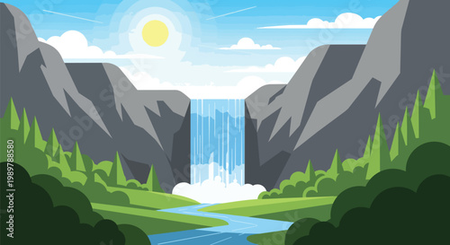 Majestic Waterfall Flowing Between Mountains, Lush Green Forest, Sunny Day