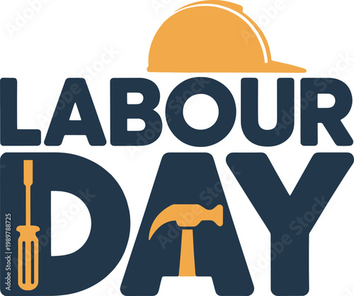 Labour Day celebration vector typography logo with hard hat hammer and screwdriver icons for industrial worker appreciation posters