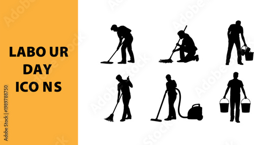 Cleaning service worker labour day silhouettes set with vacuum cleaner broom and mop 