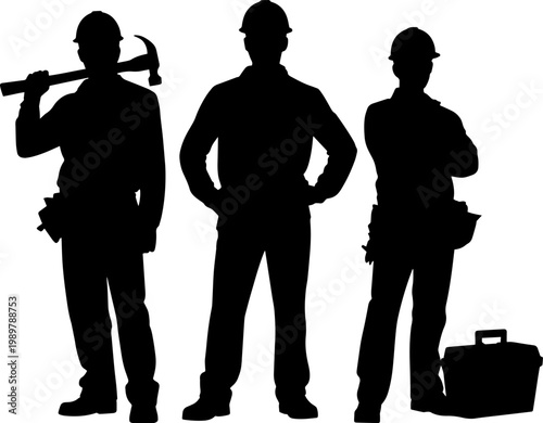 Construction workers group silhouette with tools and hard hats for industrial team and contractor engineering projects