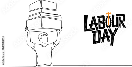 Continuous line art drawing of worker carrying heavy boxes for Labour Day logistics and delivery service concept