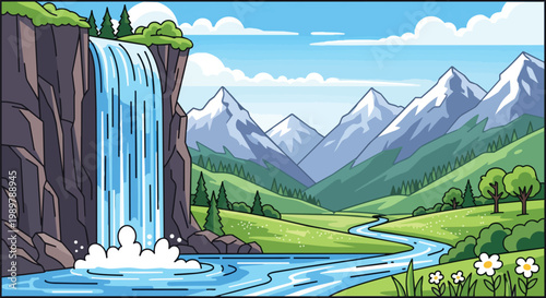 Pixel Art Waterfall Landscape with Mountains and River