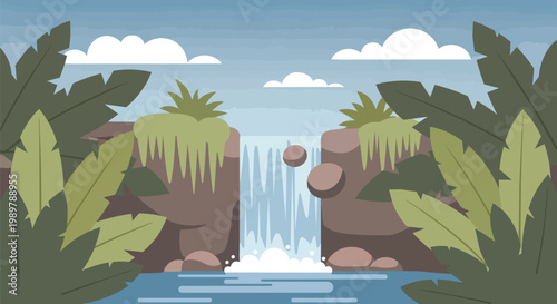 Lush Jungle Waterfall Landscape with Tropical Plants and Clouds