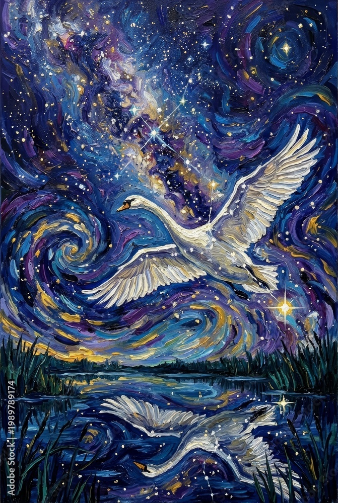 Fototapeta premium Celestial Swan Flight Starry Night Painting