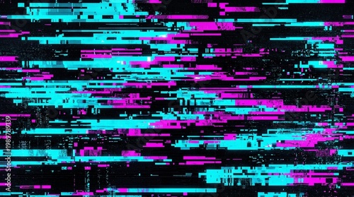 Fragmented Pixel Bands Glitch Art Digital Corruption Vivid Cyan Magenta High Tech Technology Brand Background